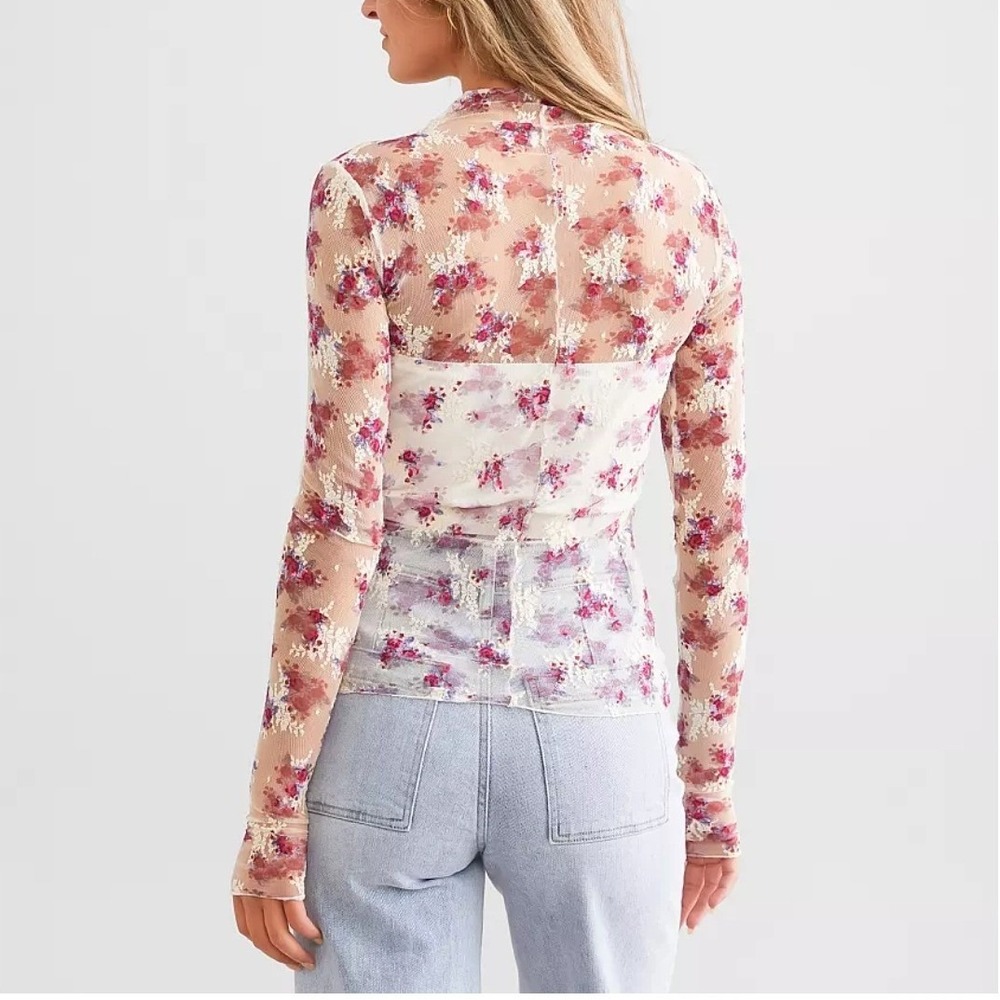 Free People Lady Lux Layering Top Floral Mesh Long Sleeve Mock Neck Ivory Small - Picture 2 of 10